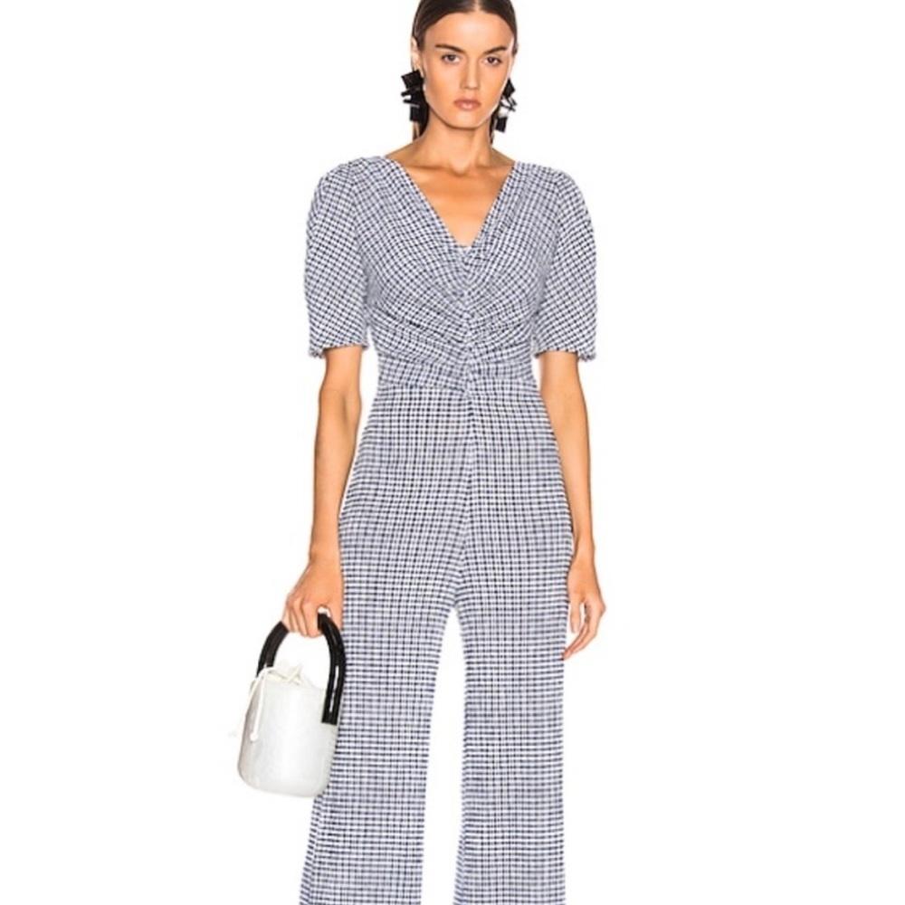 Staud Fraise Gingham Seersucker Ruched Short Sleeve Jumpsuit Navy New Size 6